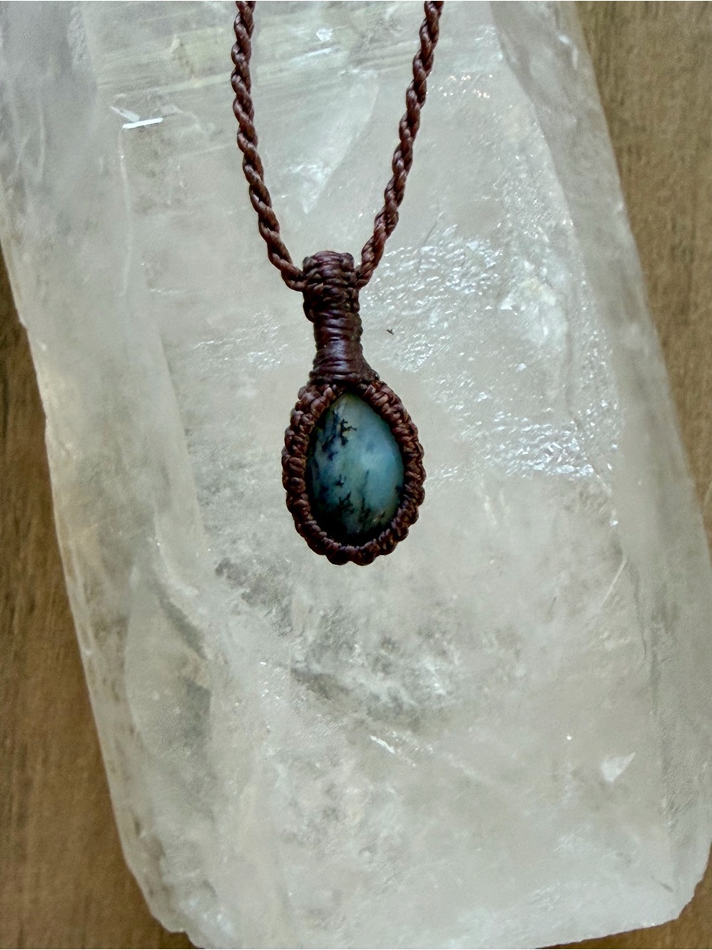 Handcrafted Brown Cord Necklace with Blue-Green Dendritic Stone